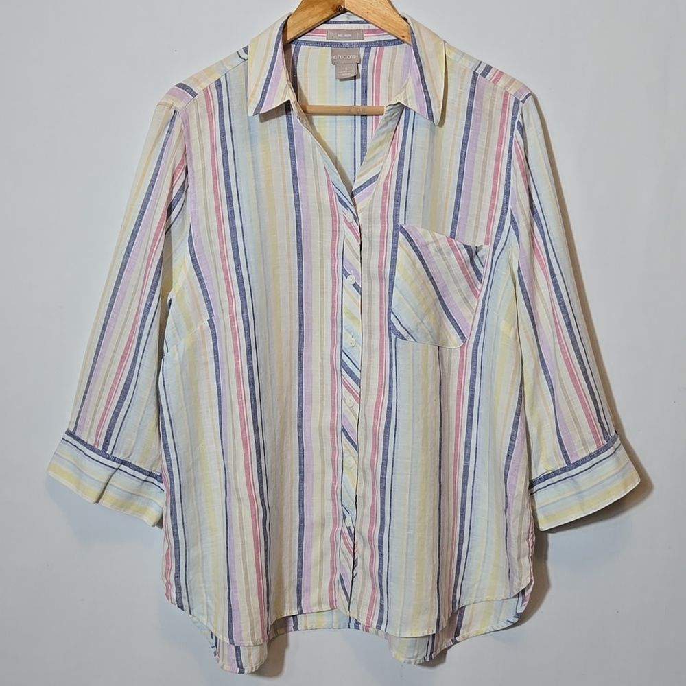 Chico's No Iron Striped Linen Button Down Shirt Size 16/18 Beach Coastal Pastels